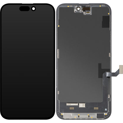 MP érintőképernyős kijelző kompatibilis az Apple iPhone 15 Plus-szal, Kerettel, Soft OLED FHD IC Movable verzió, Fekete
