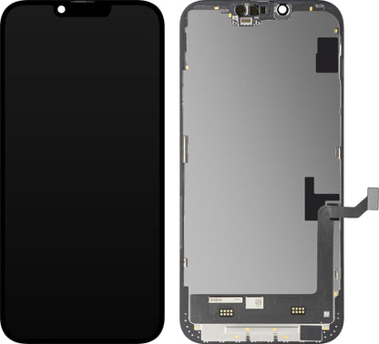 MP érintőképernyős kijelző kompatibilis az Apple iPhone 14 Plus-szal, kerettel, mozgatható IC-vel ellátott Soft OLED FHD verzió, Fekete