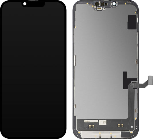 MP érintőképernyős kijelző kompatibilis az Apple iPhone 14 Plus-szal, kerettel, mozgatható IC-vel ellátott Soft OLED FHD verzió, Fekete