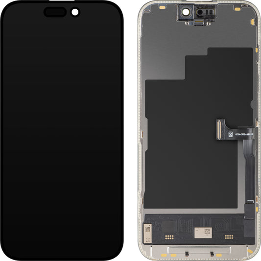 MP érintőképernyős kijelző kompatibilis az Apple iPhone 15 Pro-val, kerettel, Soft OLED FHD 120Hz Diagnosztikai verzió, Fekete