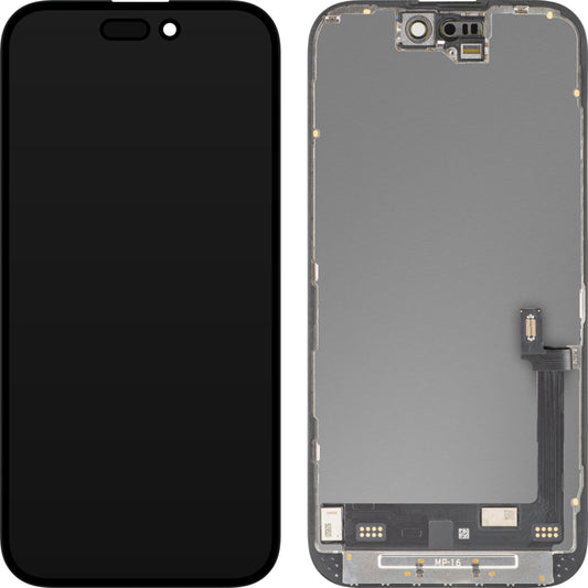 MP érintőképernyős kijelző Apple iPhone 16 kompatibilis, kerettel, prémium soft OLED FHD diagnosztikai verzió, fekete