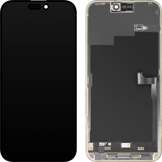 MP érintőképernyős kijelző kompatibilis az Apple iPhone 15 Pro Max készülékkel, kerettel, prémium Soft OLED FHD 120Hz verzió, fekete, újracímkézett