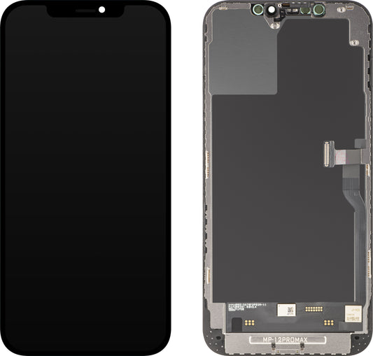 MP érintőképernyős kijelző kompatibilis az Apple iPhone 12 Pro Max készülékkel, kerettel, Soft OLED FHD diagnosztikai verzió, fekete