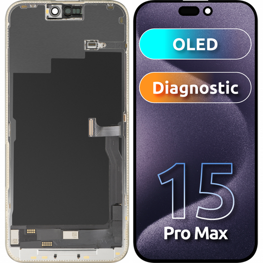 MP érintőképernyős kijelző kompatibilis az Apple iPhone 15 Pro Max készülékkel, kerettel, OLED FHD diagnosztikai verzió, fekete, újracímkézett