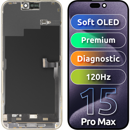 MP érintőképernyős kijelző kompatibilis az Apple iPhone 15 Pro Max készülékkel, kerettel, prémium soft OLED FHD 120Hz diagnosztikai verzió, fekete, újracímkézett