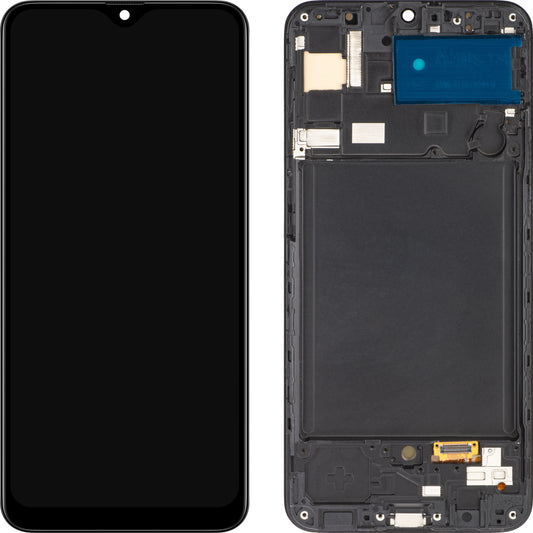 MP érintőképernyős kijelző kompatibilis a Samsung Galaxy A30s A307 készülékkel, kerettel, OLED verzió, fekete 