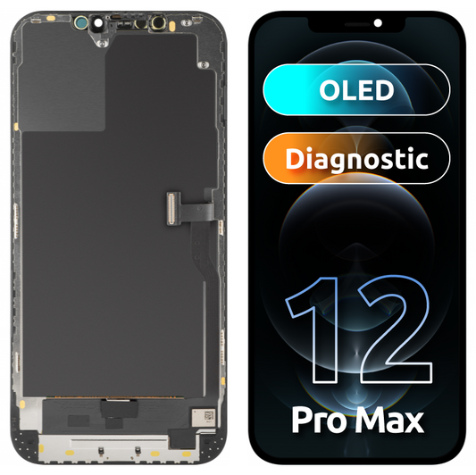 MP érintőképernyős kijelző kompatibilis az Apple iPhone 12 Pro Max-szal, kerettel, OLED Diagnosztikai verzió, Fekete