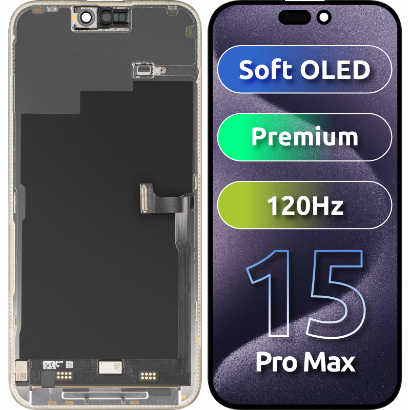 MP érintőképernyős kijelző kompatibilis az Apple iPhone 15 Pro Max készülékkel, kerettel, prémium Soft OLED FHD 120Hz verzió, fekete