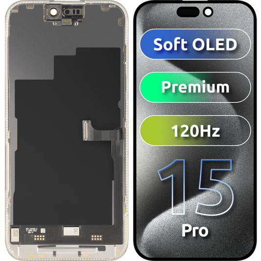 MP érintőképernyős kijelző kompatibilis az Apple iPhone 15 Pro készülékkel, kerettel, prémium Soft OLED FHD 120Hz verzió, fekete