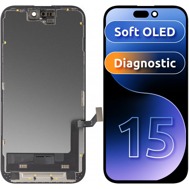 Kijelző érintőképernyővel MP, kompatibilis az Apple iPhone 15-tel, kerettel, Soft OLED FHD Diagnosztikai verzió, Fekete