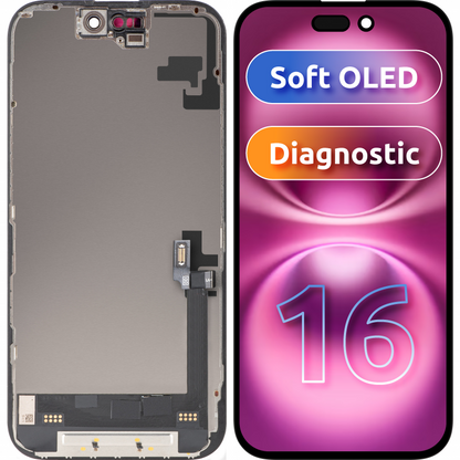 MP érintőképernyős kijelző kompatibilis az Apple iPhone 16-tal, kerettel, Soft OLED FHD Diagnostic verzió, fekete
