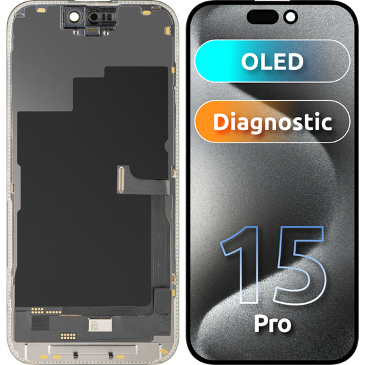 MP érintőképernyős kijelző kompatibilis az Apple iPhone 15 Pro-val, kerettel, OLED FHD Diagnosztikai verzió, Fekete