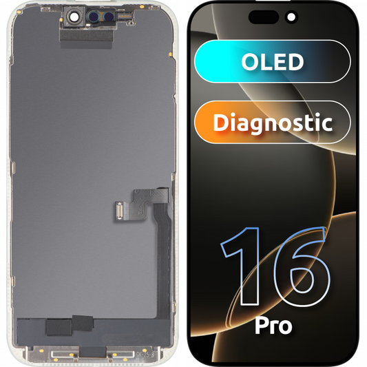 MP érintőképernyős kijelző kompatibilis az Apple iPhone 16 Pro-val, kerettel, OLED FHD Diagnosztikai verzió, Fekete