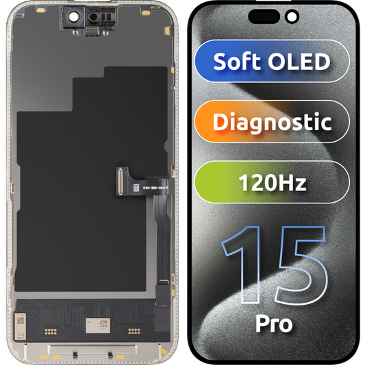 MP érintőképernyős kijelző kompatibilis az Apple iPhone 15 Pro-val, kerettel, Soft OLED FHD 120Hz Diagnosztikai verzió, Fekete