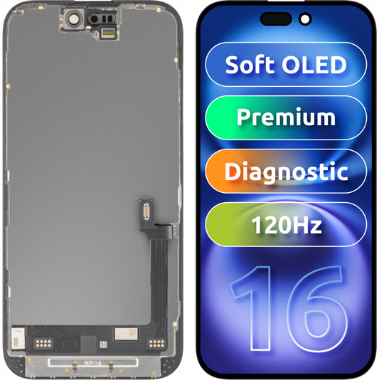 MP érintőképernyős kijelző Apple iPhone 16 kompatibilis, kerettel, prémium soft OLED FHD 120Hz diagnosztikai verzió, fekete