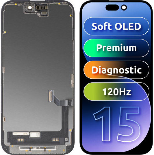 MP érintőképernyős kijelző Apple iPhone 15 kompatibilis, kerettel, prémium soft OLED FHD 120Hz diagnosztikai verzió, fekete