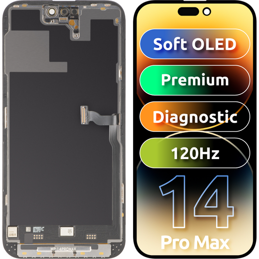 MP Touchscreen Display compatible with Apple iPhone 14 Pro Max, with Frame, Premium Soft OLED FHD 120Hz Diagnostic Version, Black