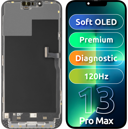 MP érintőképernyős kijelző kompatibilis az Apple iPhone 13 Pro Max készülékkel, kerettel, prémium soft OLED FHD 120Hz diagnosztikai verzió, fekete