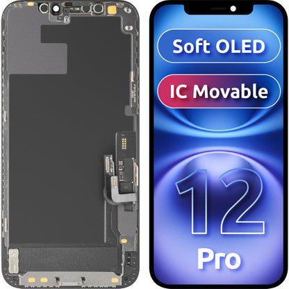 MP érintőképernyős kijelző kompatibilis az Apple iPhone 12 / 12 Pro-val, kerettel, mozgatható IC-vel ellátott Soft OLED FHD verzió, Fekete