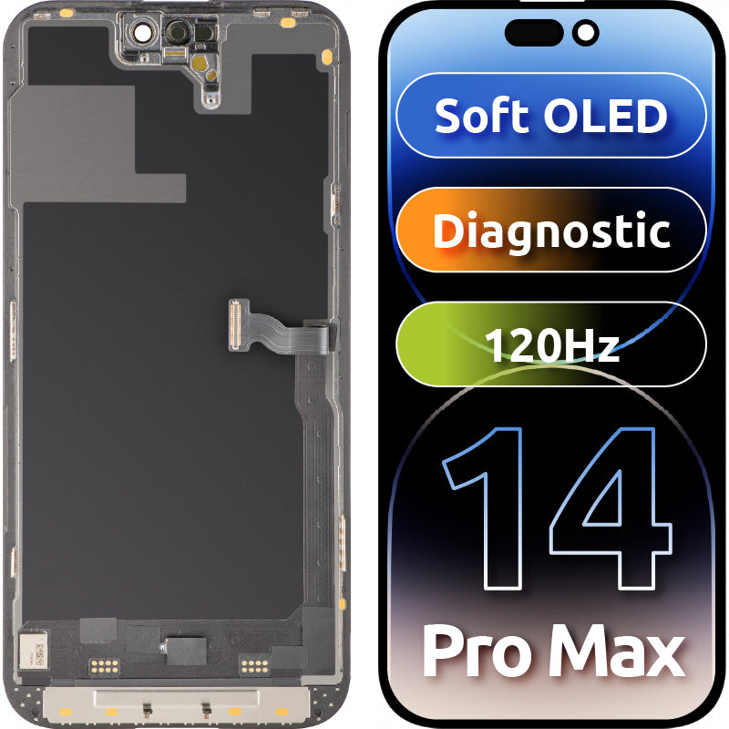 MP érintőképernyős kijelző kompatibilis az Apple iPhone 14 Pro Max-szal, kerettel, Soft OLED 120Hz FHD Diagnosztikai verzió, Fekete