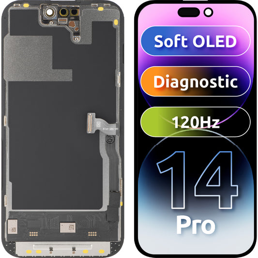 MP érintőképernyős kijelző kompatibilis az Apple iPhone 14 Pro-val, kerettel, Soft OLED 120Hz FHD Diagnosztikai verzió, Fekete
