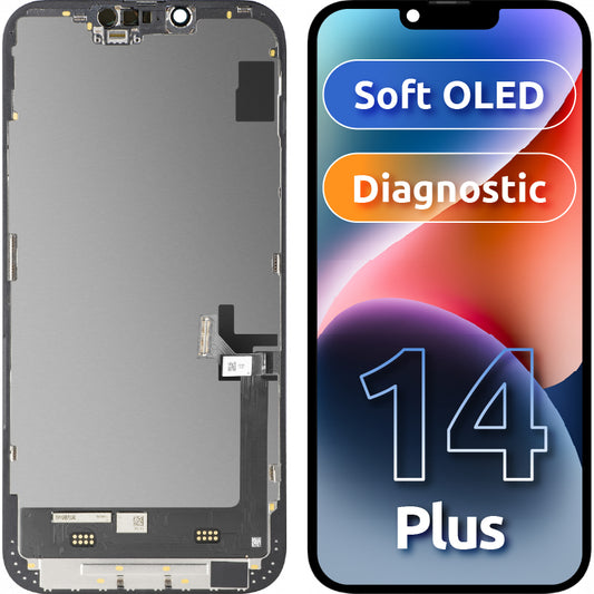 MP érintőképernyős kijelző kompatibilis az Apple iPhone 14 Plus-szal, kerettel, Soft OLED FHD Diagnostic verzió, Fekete
