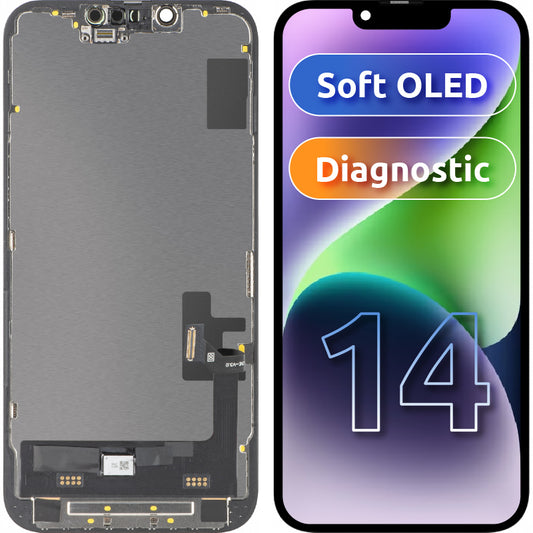 Apple iPhone 14-hez kompatibilis MP érintőképernyős kijelző, kerettel, Soft OLED FHD Diagnostic verzió, fekete
