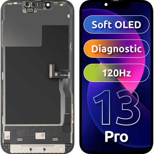 MP érintőképernyős kijelző kompatibilis az Apple iPhone 13 Pro-val, kerettel, Soft OLED 120Hz FHD Diagnosztikai verzió, Fekete