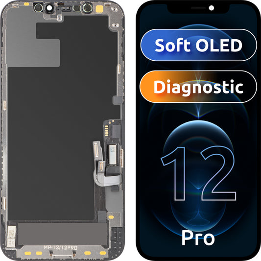 MP érintőképernyős kijelző kompatibilis az Apple iPhone 12 / 12 Pro készülékekkel, kerettel, OLED FHD diagnosztikai szoftververzió, fekete