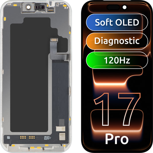 MP érintőképernyős kijelző kompatibilis az Apple iPhone 17 Pro készülékkel, kerettel, Soft OLED FHD 120Hz diagnosztikai verzió, fekete