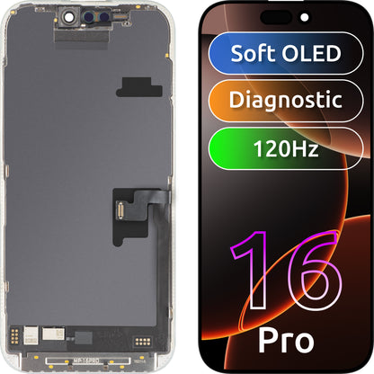 MP érintőképernyős kijelző kompatibilis az Apple iPhone 16 Pro készülékkel, kerettel, Soft OLED FHD 120Hz diagnosztikai verzió, fekete