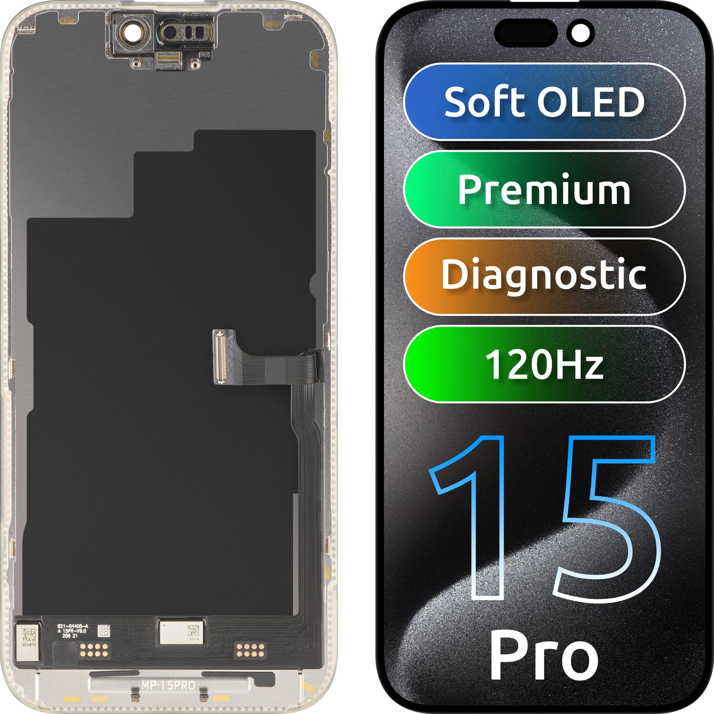 MP érintőképernyős kijelző kompatibilis az Apple iPhone 15 Pro készülékkel, kerettel, prémium soft OLED FHD 120Hz diagnosztikai verzió, fekete