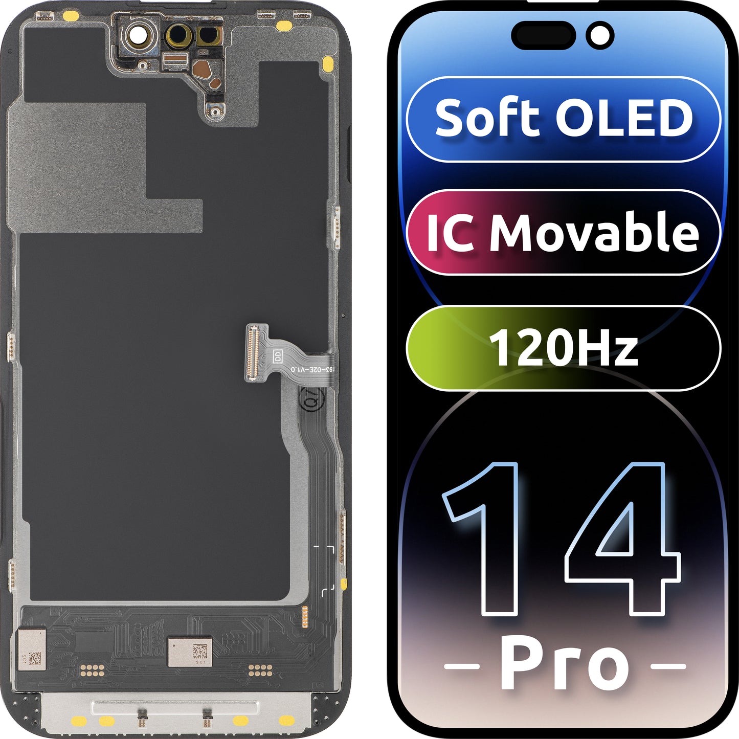 MP Touchscreen Display compatible with Apple iPhone 14 Pro, with Frame, Soft OLED IC Movable 120Hz FHD Version, Black