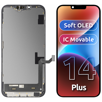 MP érintőképernyős kijelző kompatibilis az Apple iPhone 14 Plus-szal, kerettel, mozgatható IC-vel ellátott Soft OLED FHD verzió, Fekete