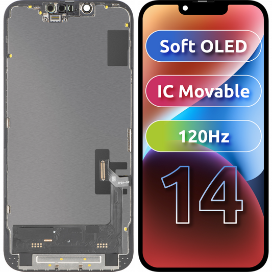 MP érintőképernyős kijelző kompatibilis az Apple iPhone 14-gyel, kerettel, Soft OLED FHD 120Hz IC Movable változat, Fekete