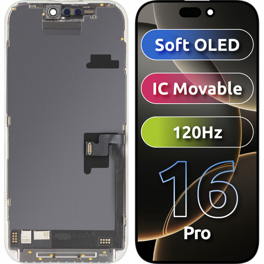 MP érintőképernyős kijelző kompatibilis az Apple iPhone 16 Pro-val, kerettel, Soft OLED FHD 120Hz IC Movable változat, Fekete