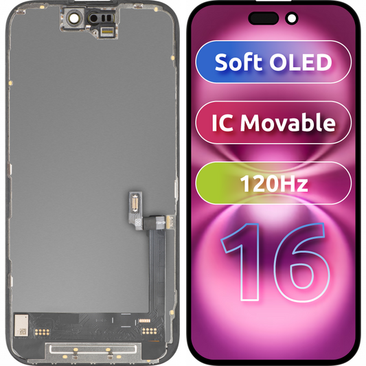 MP érintőképernyős kijelző kompatibilis az Apple iPhone 16-tal, kerettel, Soft OLED FHD 120Hz IC Movable változat, Fekete