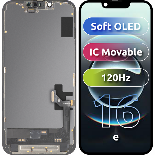 MP érintőképernyős kijelző kompatibilis Apple iPhone 17e / 16e készülékekhez, kerettel, Soft OLED FHD 120Hz IC mozgatható verzió, fekete
