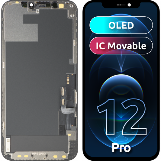 MP érintőképernyős kijelző kompatibilis Apple iPhone 12 / 12 Pro-hoz, kerettel, OLED FHD IC Movable verzió, fekete