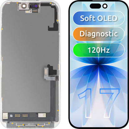 MP Touchscreen Display compatible with Apple iPhone 17, with Frame, OLED FHD 120Hz Diagnostic Soft Version, Black