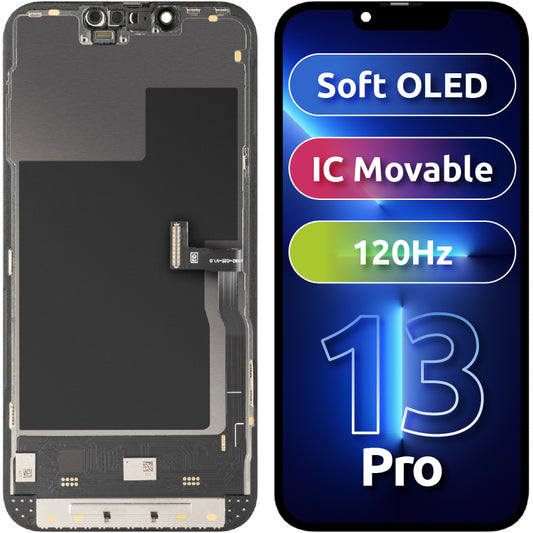MP érintőképernyős kijelző kompatibilis az Apple iPhone 13 Pro-val, kerettel, mozgatható IC-s Soft OLED 120Hz FHD verzió, fekete