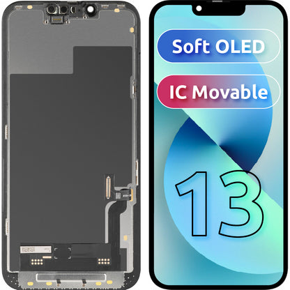 MP érintőképernyős kijelző kompatibilis az Apple iPhone 13-mal, kerettel, mozgatható IC-vel ellátott Soft OLED FHD változat, Fekete