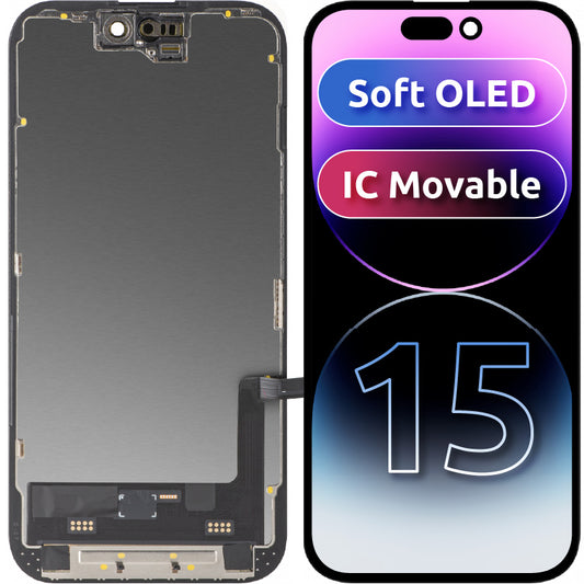MP érintőképernyős kijelző kompatibilis az Apple iPhone 15-tel, kerettel, Soft OLED FHD IC Movable verzió, Fekete