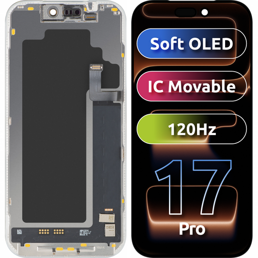 MP érintőképernyős kijelző kompatibilis Apple iPhone 17 Pro-hoz, kerettel, Soft OLED FHD 120Hz IC mozgatható verzió, fekete