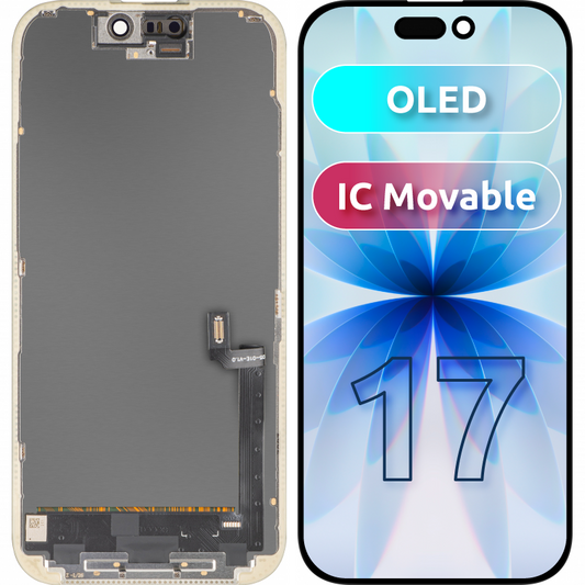 MP érintőképernyős kijelző Apple iPhone 17 kompatibilis, kerettel, OLED FHD IC Movable verzió, fekete