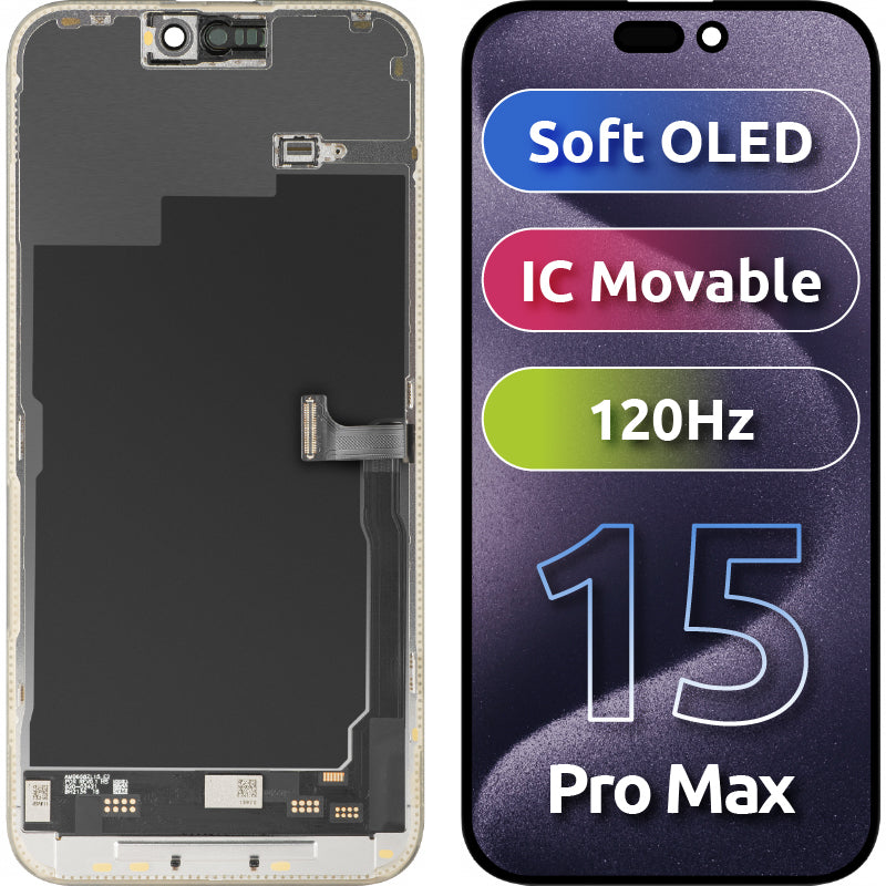 MP érintőképernyős kijelző kompatibilis az Apple iPhone 15 Pro Max-szal, Kerettel, Mozgatható IC Soft OLED 120Hz FHD verzió, Fekete