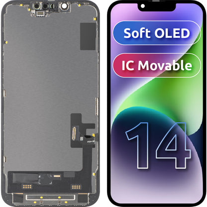 MP érintőképernyős kijelző kompatibilis az Apple iPhone 14-gyel, kerettel, mozgatható IC-vel ellátott Soft OLED FHD változat, Fekete