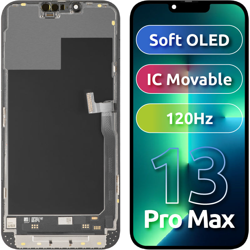 MP érintőképernyős kijelző kompatibilis az Apple iPhone 13 Pro Max-szal, kerettel, Mozgatható IC Soft OLED 120Hz FHD verzió, Fekete
