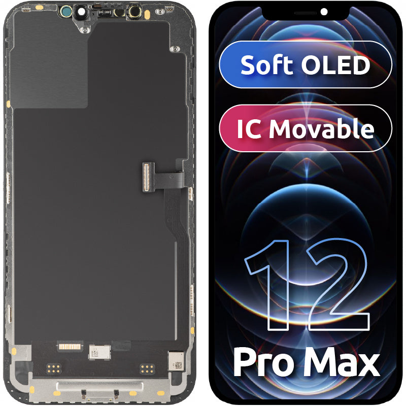 MP érintőképernyős kijelző kompatibilis az Apple iPhone 12 Pro Max-szal, kerettel, mozgatható IC-vel ellátott Soft OLED FHD verzió, Fekete