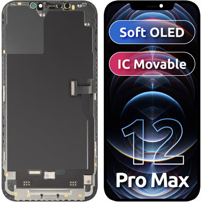 MP érintőképernyős kijelző kompatibilis az Apple iPhone 12 Pro Max-szal, kerettel, mozgatható IC-vel ellátott Soft OLED FHD verzió, Fekete